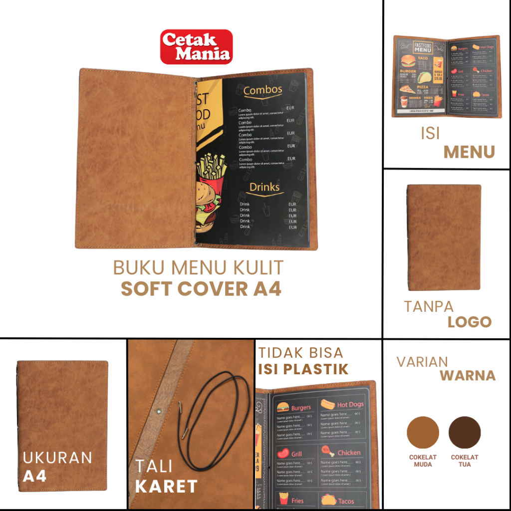 

Buku Menu kulit soft cover ukuran A4 model tali japanesse binding - coklat tua dan coklat muda
