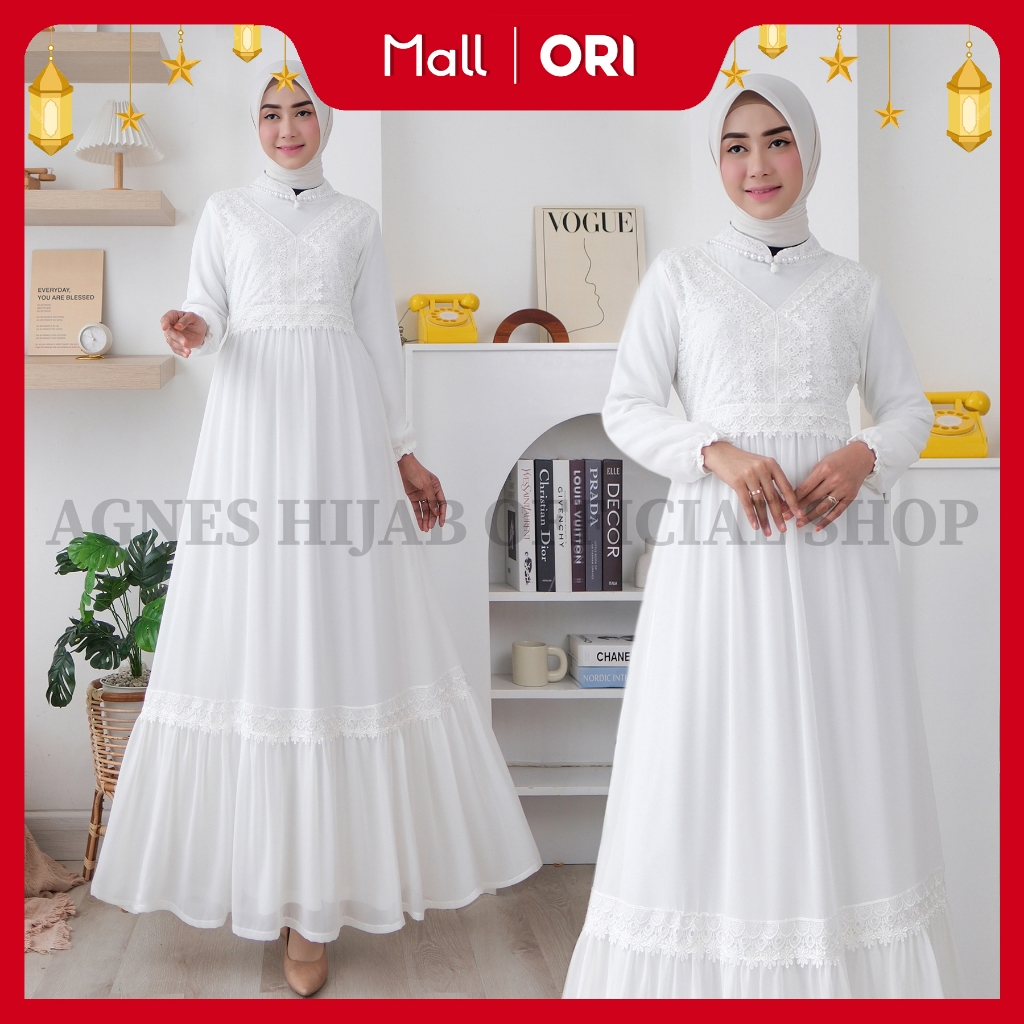 Agnes Hijab - Jihan Dress Gamis Putih Premium Baju Lebaran 2025 Gaun Pesta Mewah Simple Elegan Aesth