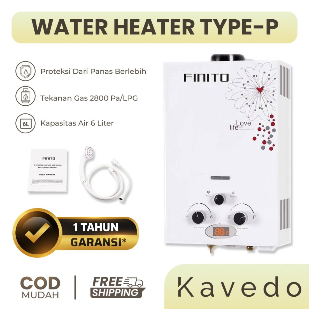 WaterHeater Plat Besi Finito/Matrix Type W01/W02/P01/P01 Pemanas Air Gas Digital 6Liter