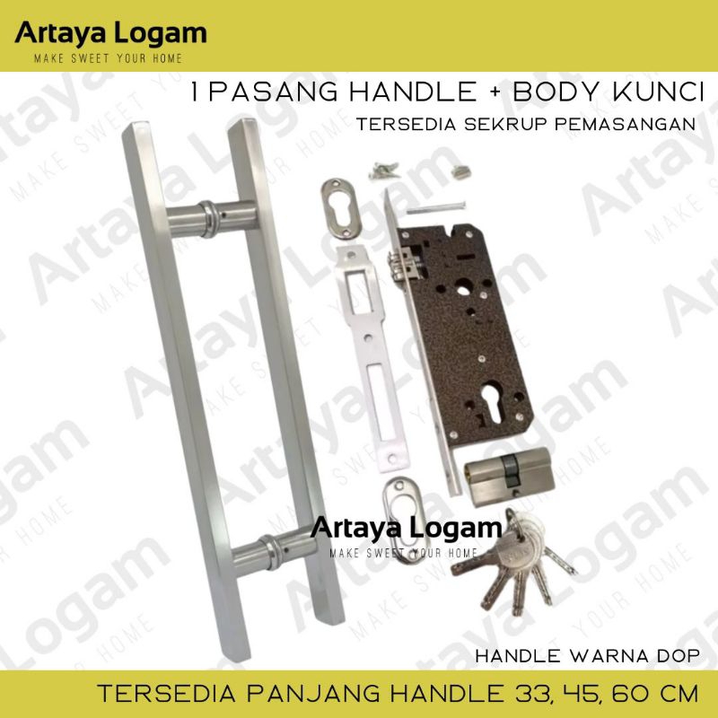 gagang pintu 1set body kunci baut tembus doff stainlees