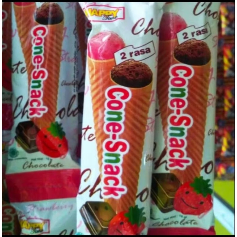 

cone Snack 2in1( 2rasa coklat dan strawberry) enak dan paling disukai anak² maupun dewasa, 1renceng isi 10pcs
