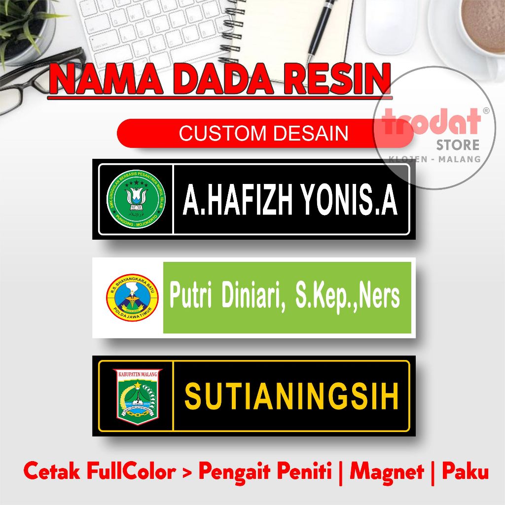 

Name Tag resin / nametag cembung / Nama Dada resin cembung /Akrilik-Kuningan-Stainless-Peniti-Magnet