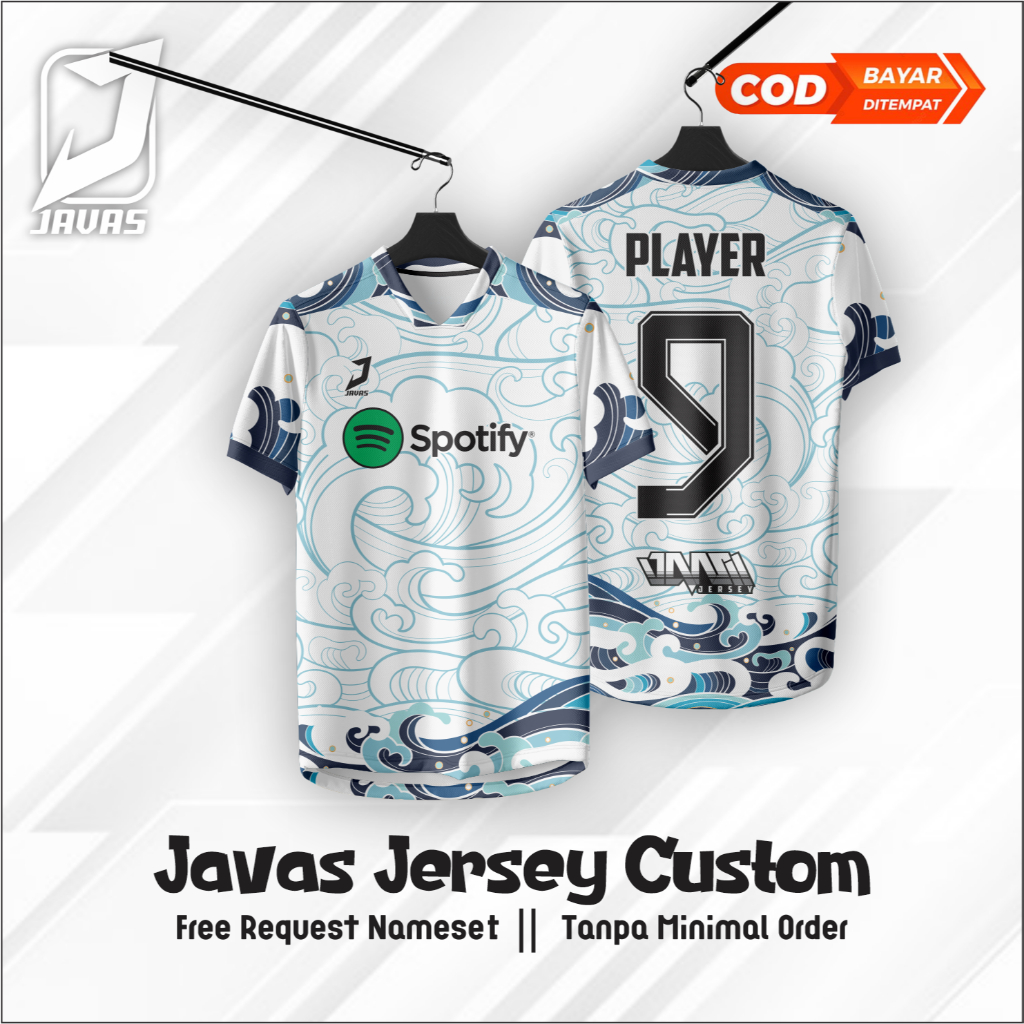 Javas Jersey Futsal Baju Bola Biru Ombak Printing Custom Name set Gratis