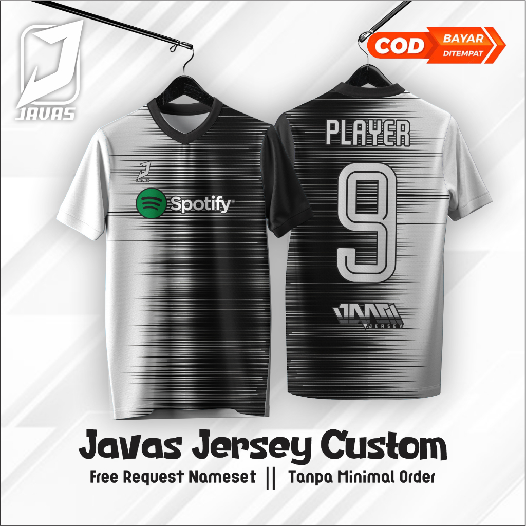 Javas Jersey Futsal | Baju Bola Hitam Putih Custom Nama Nomor Logo Full printing