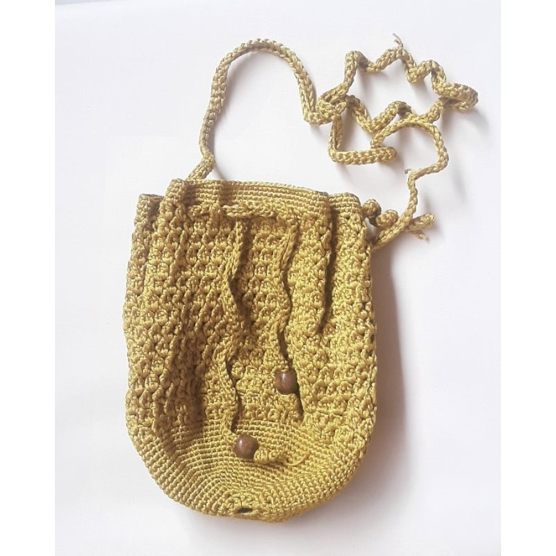 Tas Rajut Serut Selempang Kuning Mustrad Crochet Bag Homemade Like New Preloved PL Prelove