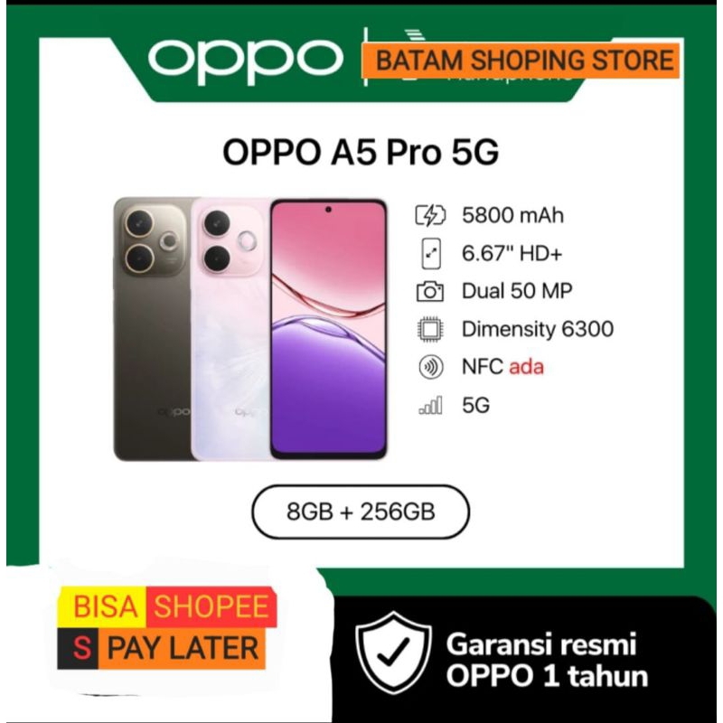 OPPO A5 PRO 5G RAM 8/256GB | MEDIATEK DIMENSITY 6300 NEW 2025 GARANSI RESMI