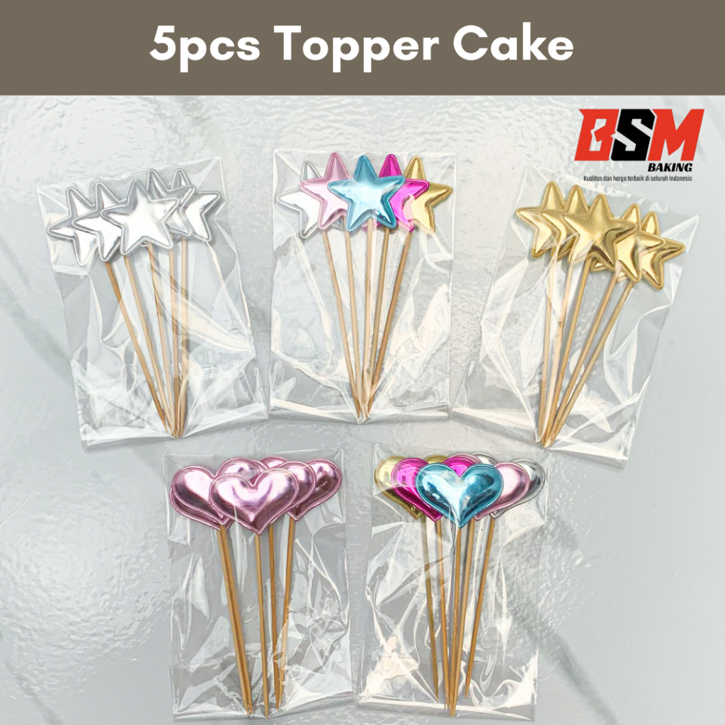 

5pcs Cake Topper Hiasan Kue Hati dan Bintang Aneka Warna BSM Baking