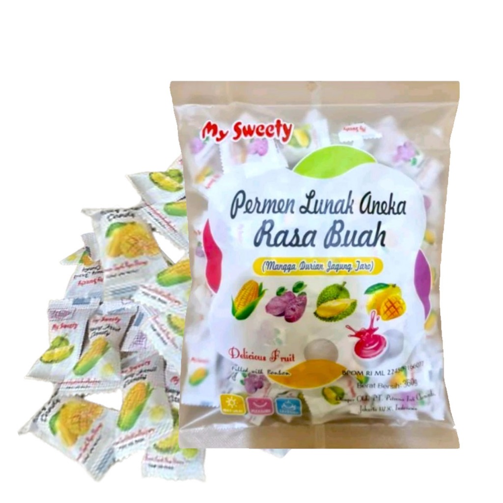 

bGF MY SWEETY Permen Lunak Aneka Buah Rasa Durian Mangga Jagung Taro Candy Bonbon 360gr Isi 100pcs