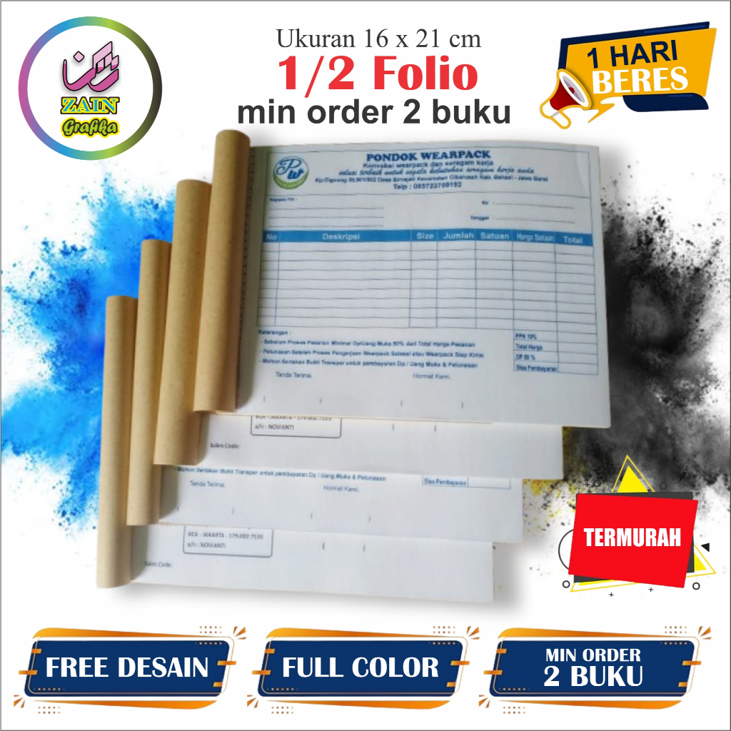 

cetak nota, invoice, surat jalan custom ukuran 1/2 folio 16 cm x 21 cm zain grafika