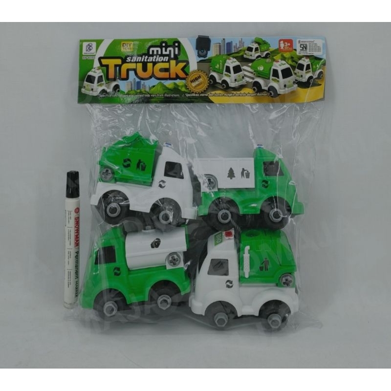 BP8090 - Mainan Mobil Mini Sanitation Truck / Mobil Truk Sampah Isi 4 Pcs