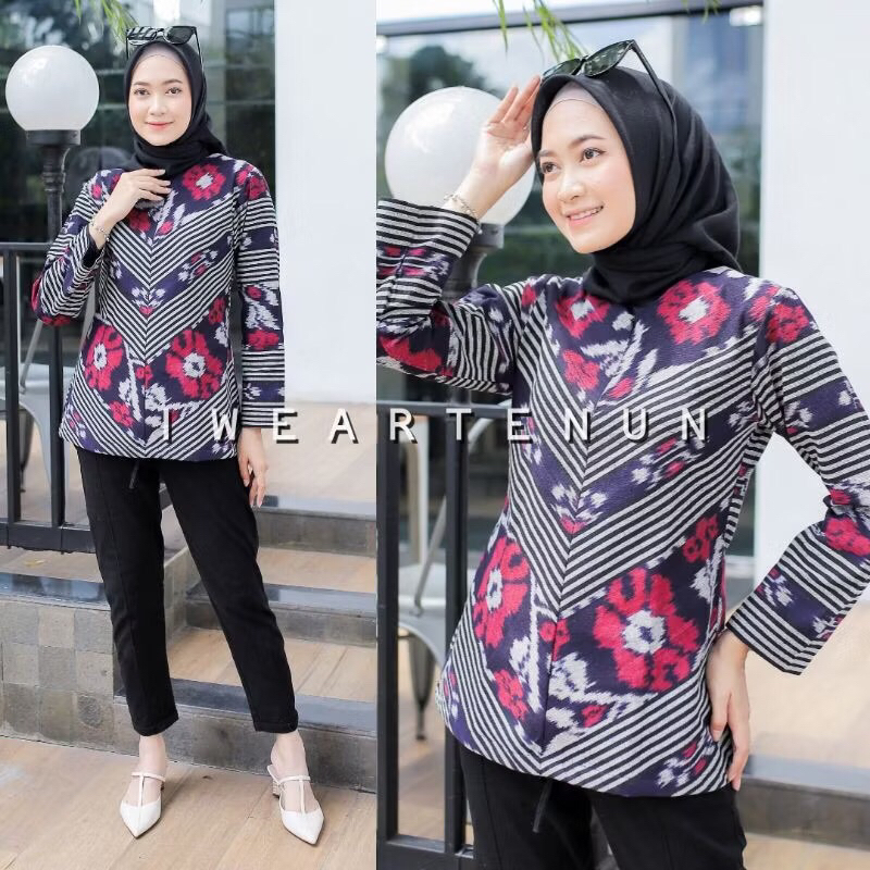 Baju Muslim Wanita Kekinian Asli Tenun Ikat Jepara Motif Bunga Mix lurik