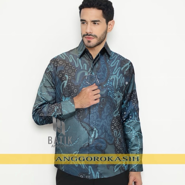 Kemeja Batik Pria Hijau Botol Slimfit Terbaru Lengan Panjang Modern