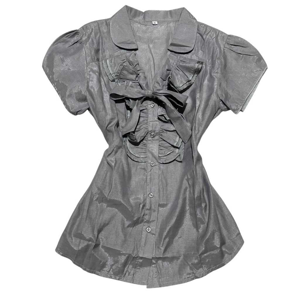 Ruffle Bow Buttoned Up Milkmaid Victorian Puffy Top | Shortslevee blouse cottagecore coquette babydo