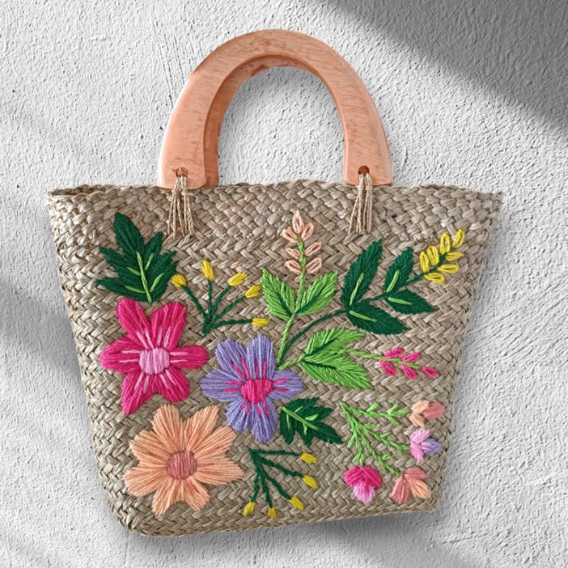 Tas Kotak Mendong Sulam Motif Flower / Tas Handle kayu Sulam bunga