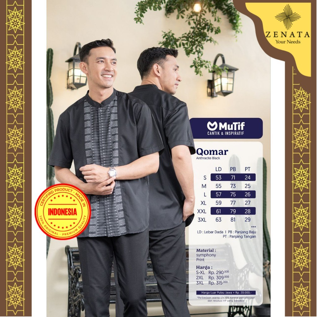 Sarimbit Lebaran Layla Koko Pria Dewasa Hitam lengan Pendek Mutif Qomar by Mutif