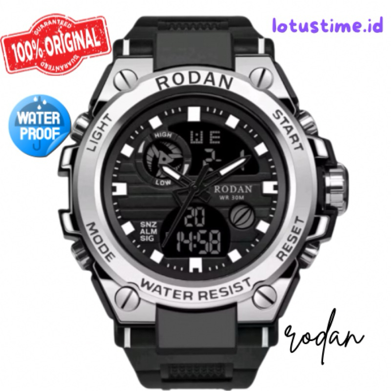 Rodan Silver JAM TANGAN ANTI AIR ORIGINAL DUAL TIME TAHAN AIR 50 M Analog-Digital Pria Kaca