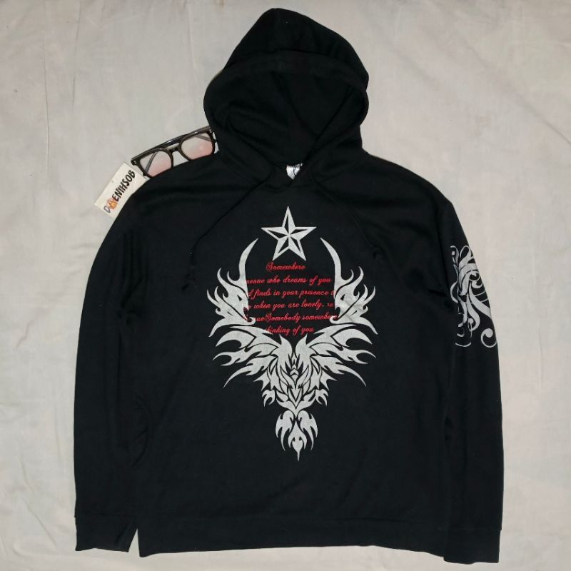 Hoodie Beni Blue motif y2k grunge emo 90s 2000s vtg vintage skena metal hip hop hitam L XL hodie jak
