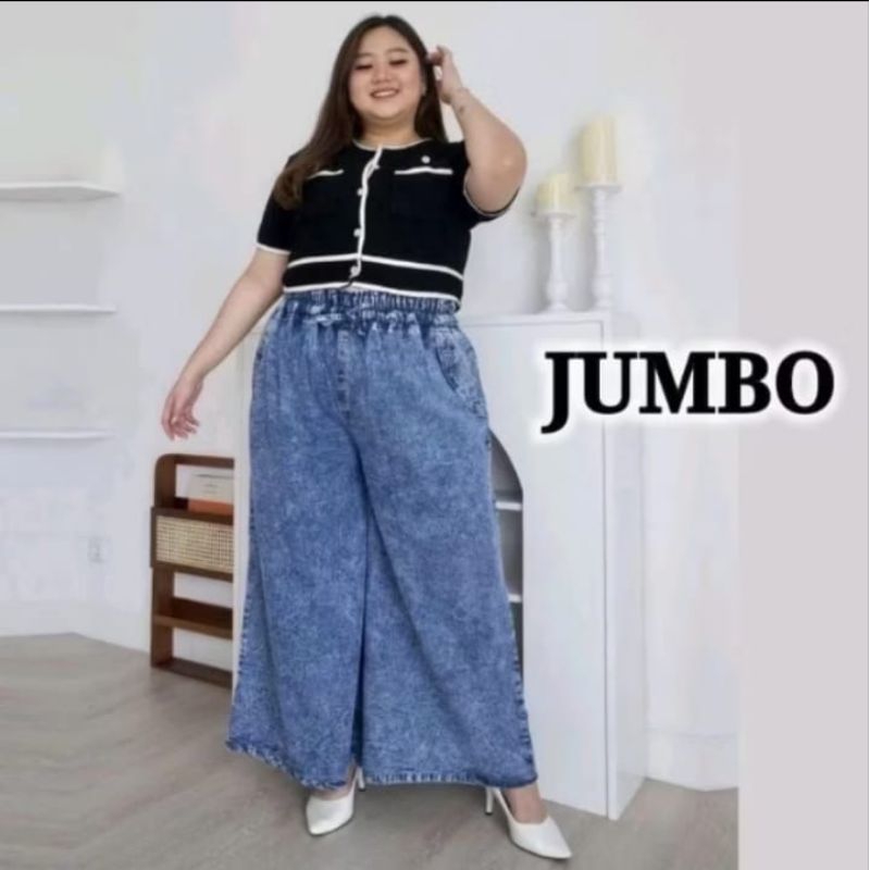 celana jeans wanita jumbo pinggang karet muat BB 100kg