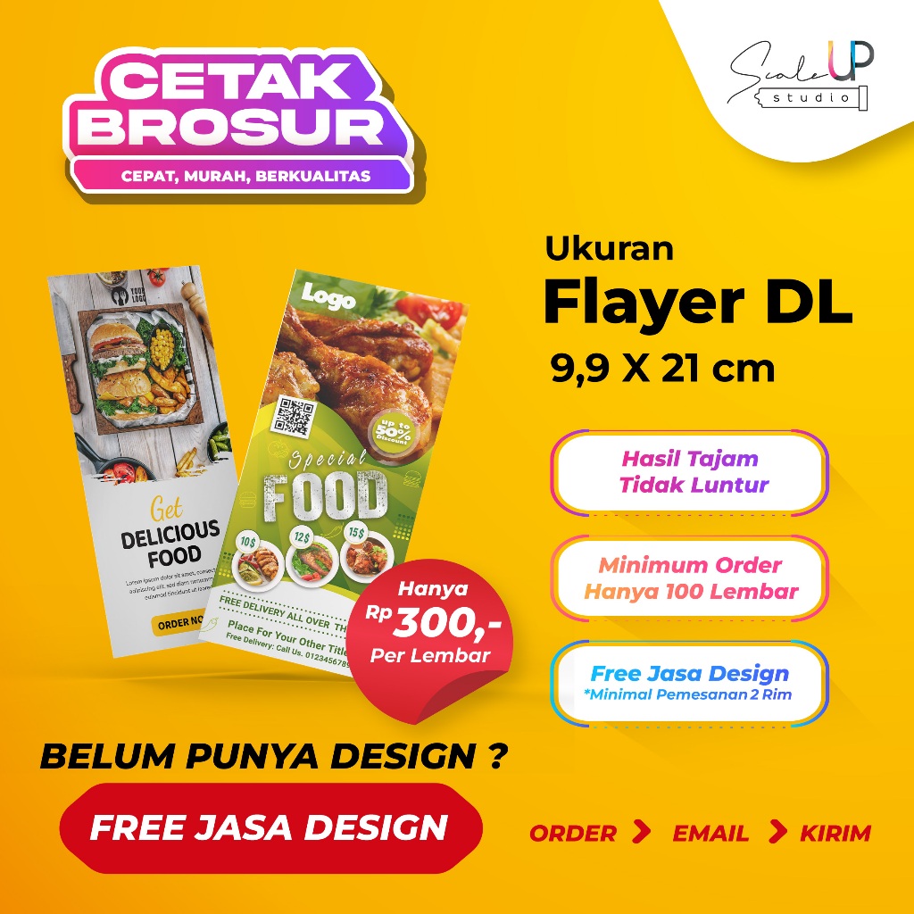 

Cetak Brosur Flyer DL | 1/3 A4 (1 Sisi/2 Sisi) | Art Paper/Carton/HVS/Matte Paper