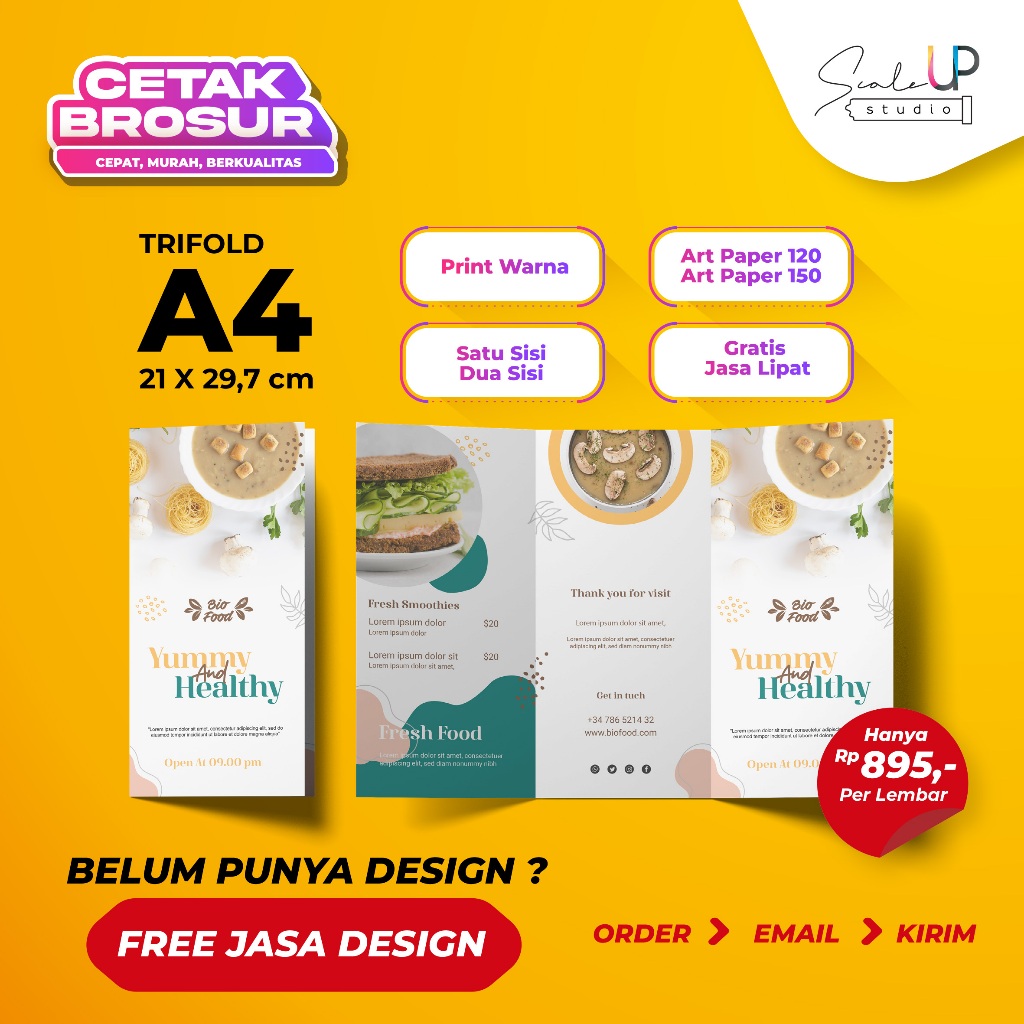 

Cetak Brosur Trifold A4 (1 Sisi/2 Sisi) | Art Paper/Carton/HVS/Matte Paper