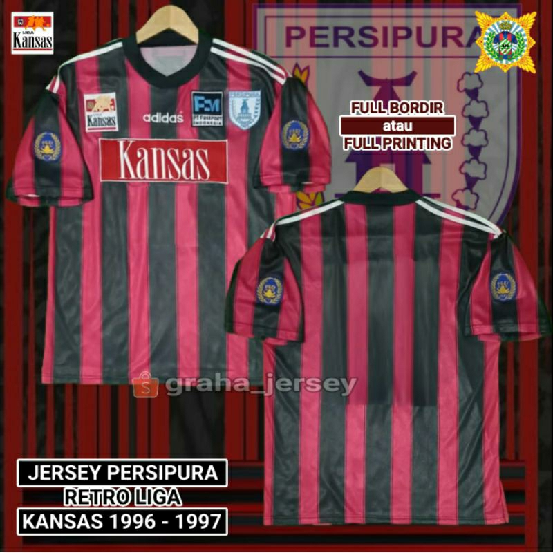 Jersey PERSIPURA Jayapura Home 1996 - 1997 Liga KANSAS Merah Salur Hitam PRINTING atau BORDIR Retro 