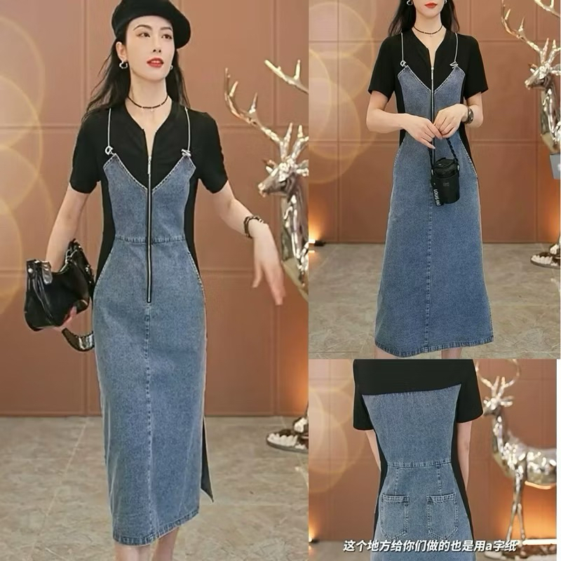 [JC] Dress LADY denim mix kaos strect import premium bkk