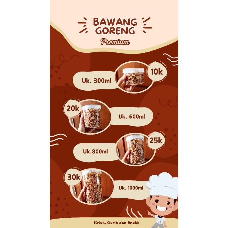 

Bawang goreng premium berbagai ukuran, bawang goreng brebes premium, bawang goreng ketupat sayur seperempat kilo, setengah kilo dan sekilo