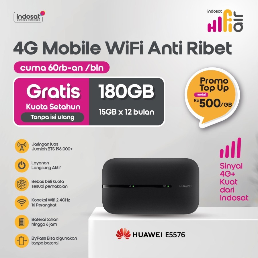 Huawei E5576 Hifi Air MiFi Modem WiFi Router 4G LTE Bundling Indosat 180GB