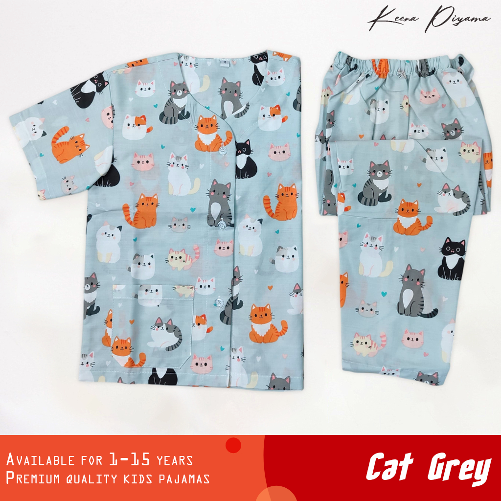 Keena Baju Tidur/ Piyama Anak Perempuan 1 - 15 Tahun Katun Lengan Pendek Celana Panjang Cat Grey