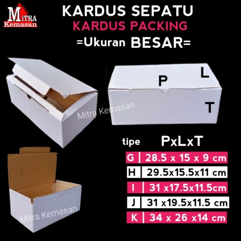

KARDUS KOTAK BOX KARTON DUS DOS CORRUGATED DIE CUT PUTIH BESAR POLOS TEBAL PACKING SEPATU AKSESORIS HP