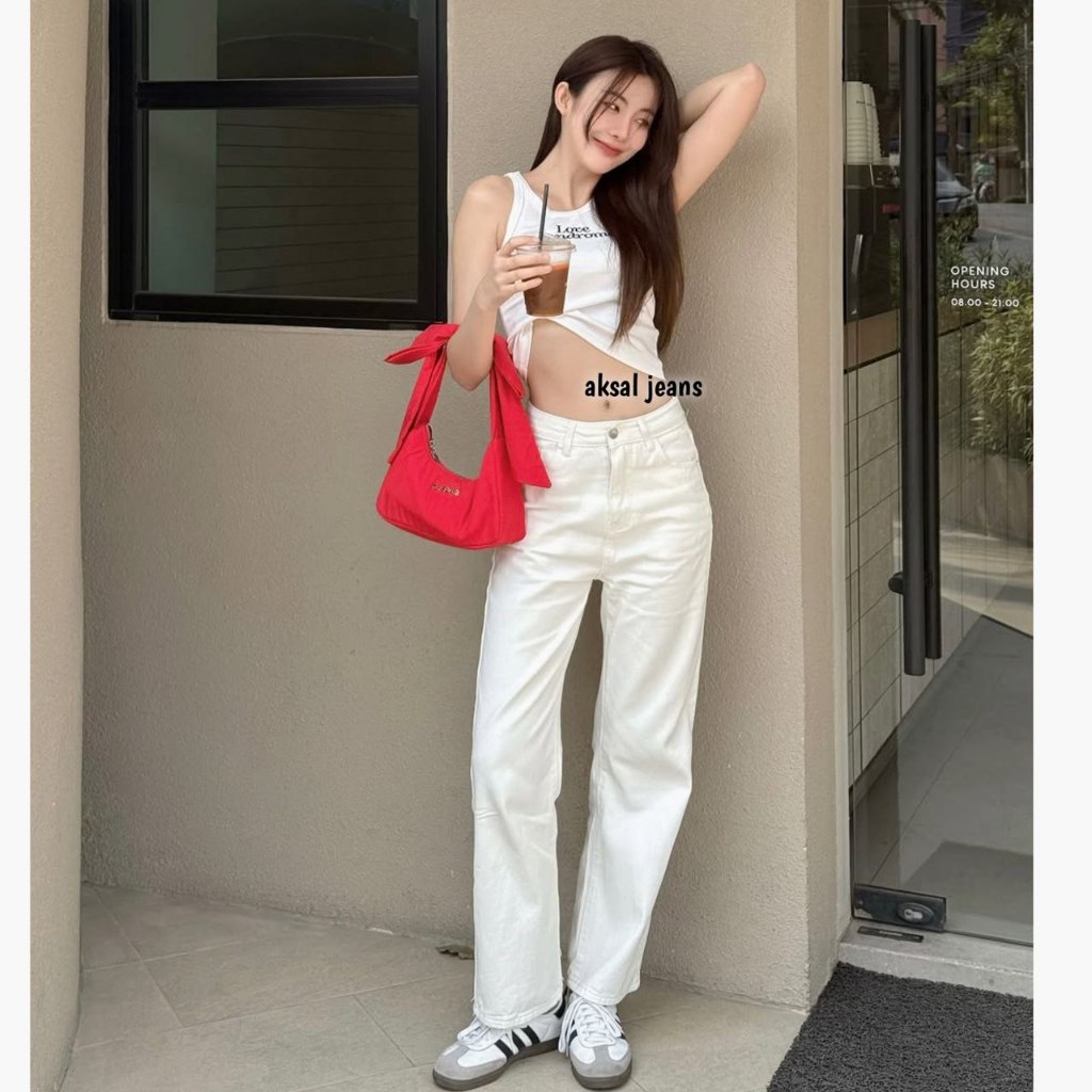 Celana Kulot Jeans Wanita Highwaist Warna Putih Broken White