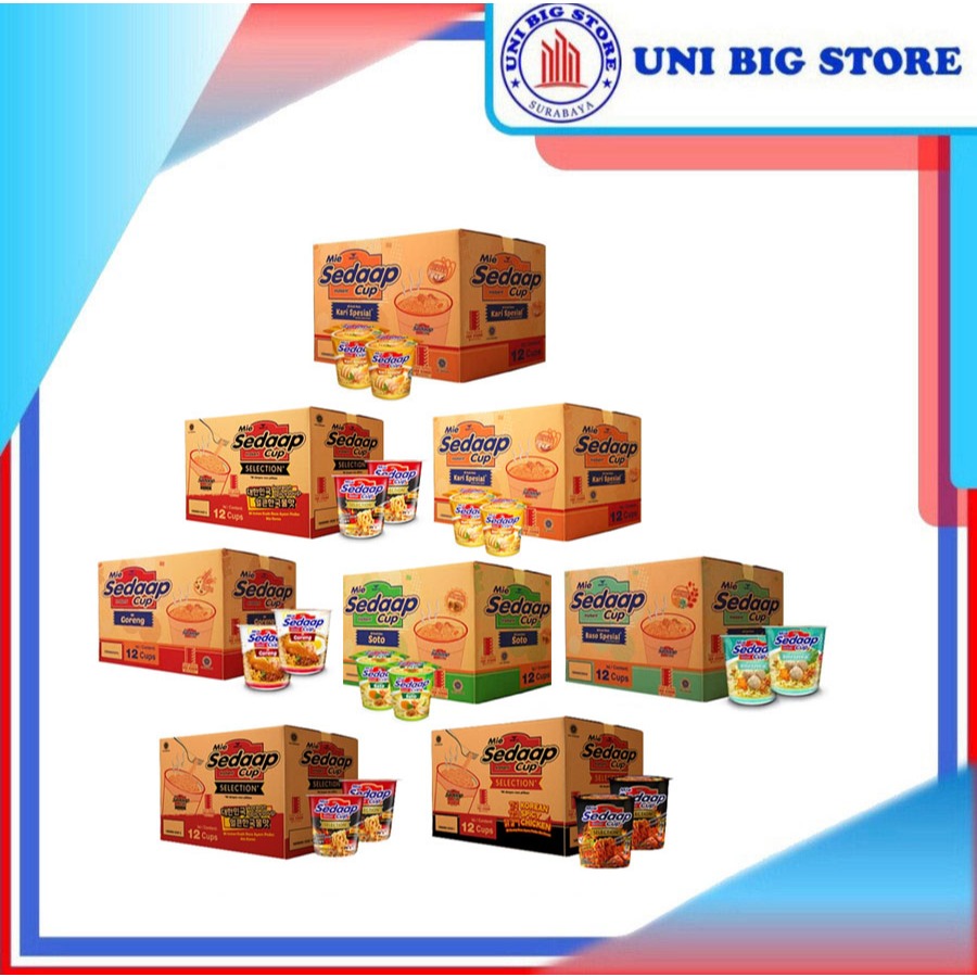 

Mie Sedaap SEDAP Cup Goreng - Soto - Bakso - Kari - Rawit Bingit - Korean Spicy 12 pcs DUS