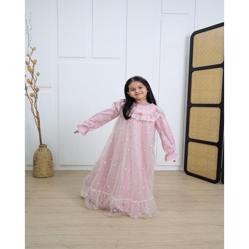 Princessa Flami Satin Pink Flower Muslim Dress G1298