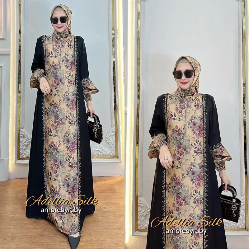 ADELIA DRESS AMORE BY RUBY GAMIS STELAN MOTIF BUNGA MANIK MEWAH BAHAN SUTRA MIX CREPA BUSUI