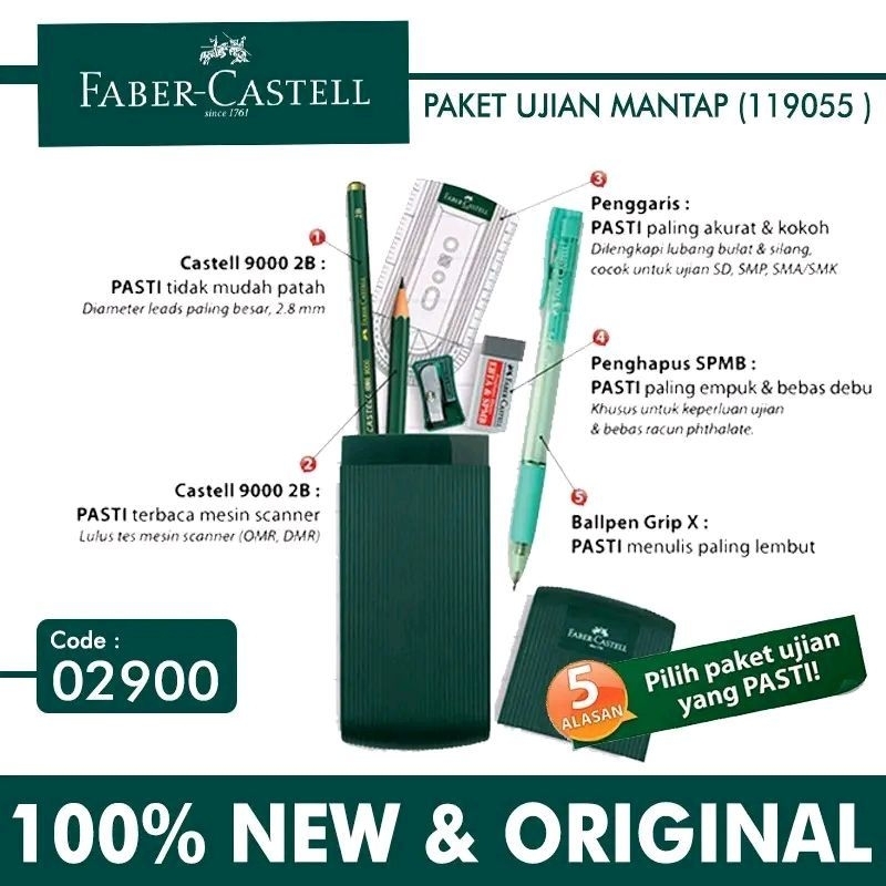 

Set Alat Tulis Ujian Faber-Castell Mantap dengan Pensil Castell 9000, Tripen, Penghapus EBTA/SPMB, Correction Tape, Rautan, Penggaris Khusus Ujian & LJK A5 Plastik - Set Standar Stationery