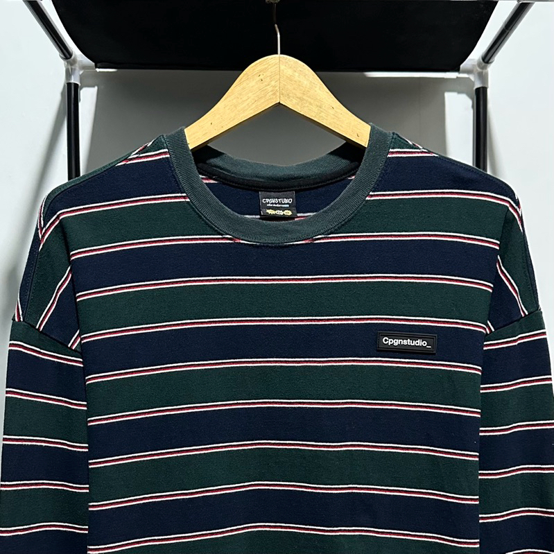 Long Sleeve Multistriped Green CPGN Studio Patch Logo Navy Green Unisex Authentic