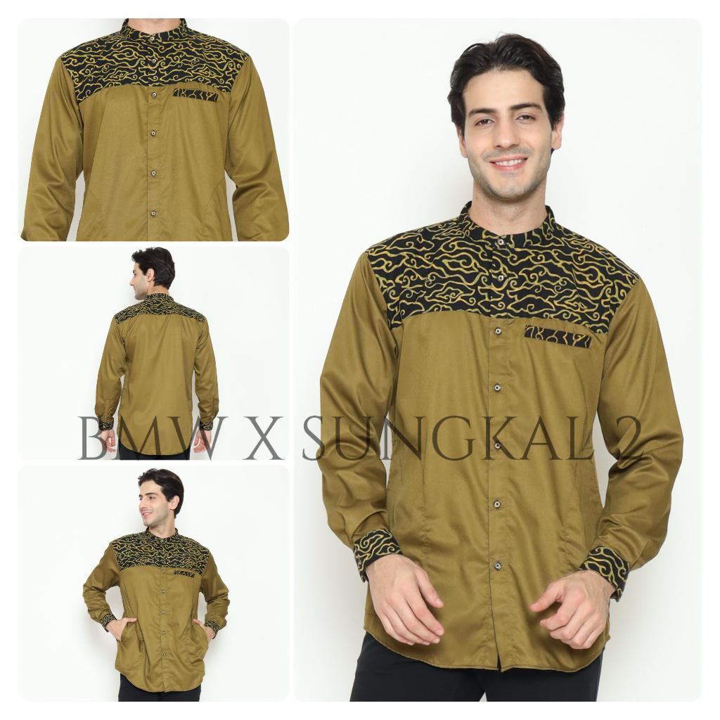 Baiti Muslim Wear – Baju Koko Pria Dewasa Lengan Panjang Warna Hijau Olive Kombinasi Batik Cap Fashi