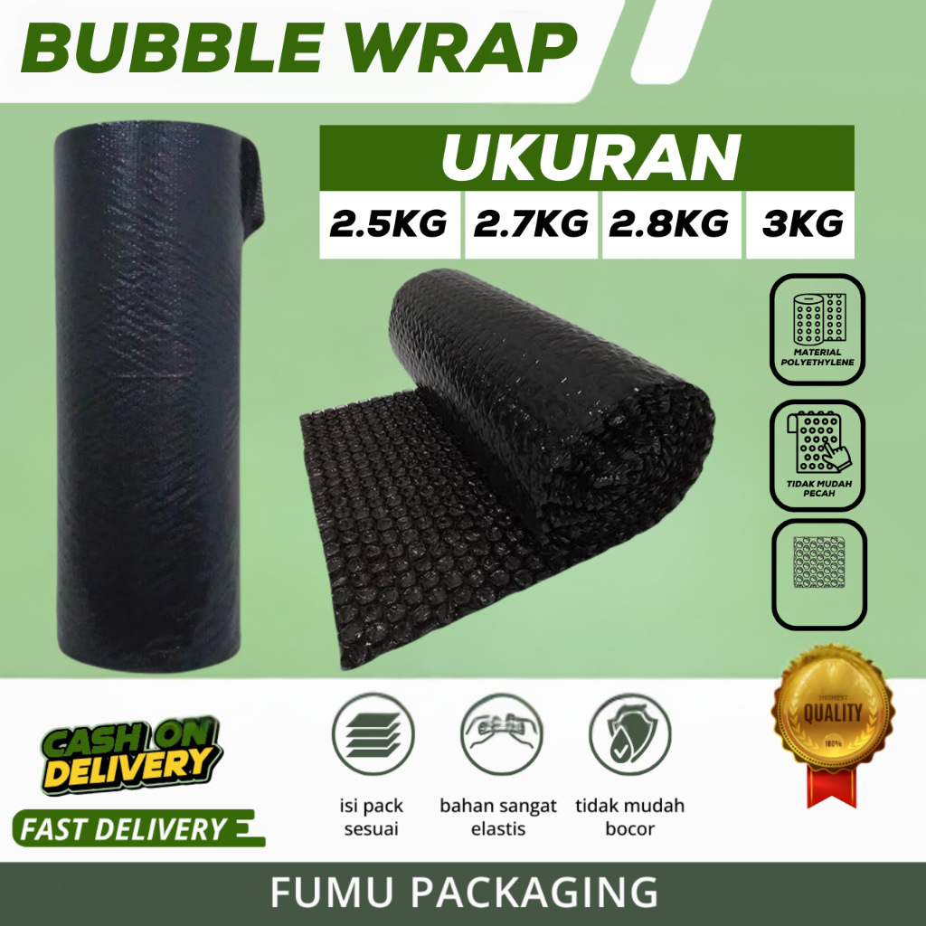

Bubble Wrap / Plastik Packing Bubble 1.25x50Meter Warna Hitam Dan Putih Susu Tebal 3KG Termurah