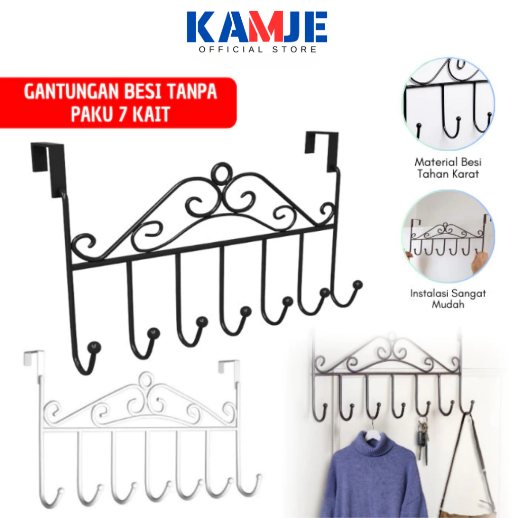 KAMJE Gantungan Baju Cantolan Belakang Pintu Multifungsi Tanpa Paku 7 Kait Bahan Besi Tahan Karat
