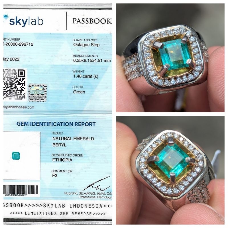 natural zamrud emerald beryl ijo botol 1.46 cts ring perak microsetting sertifikat SKY lab