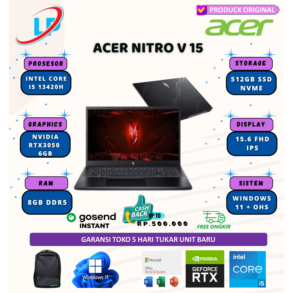 Acer nitro V 15 I5 13420H rtx3050 6gb 8gb 512gb w11+ohs 15.6 fhd ips