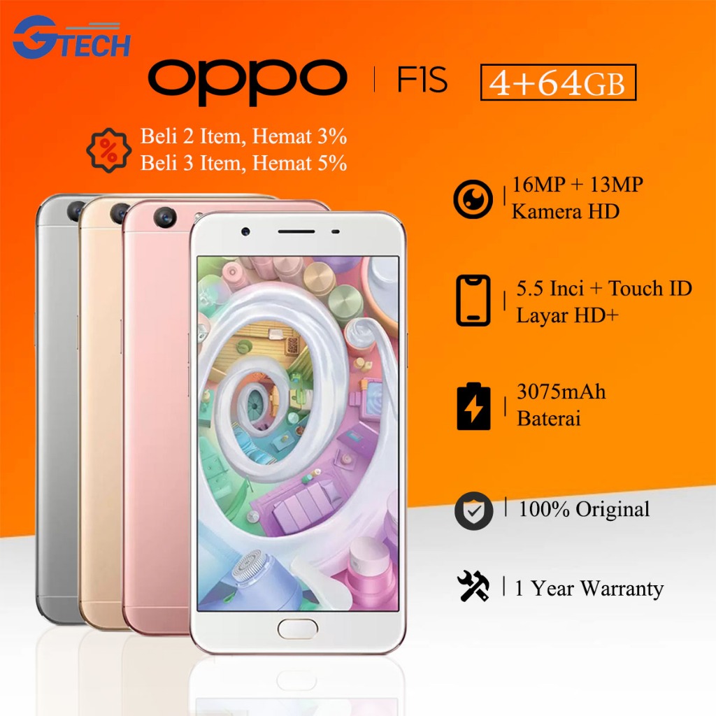 OPPO F1S HP RAM 4+64GB Handphone 5.5 lnci Android Smartphone Original Second Like New Garansi 1 Tahu
