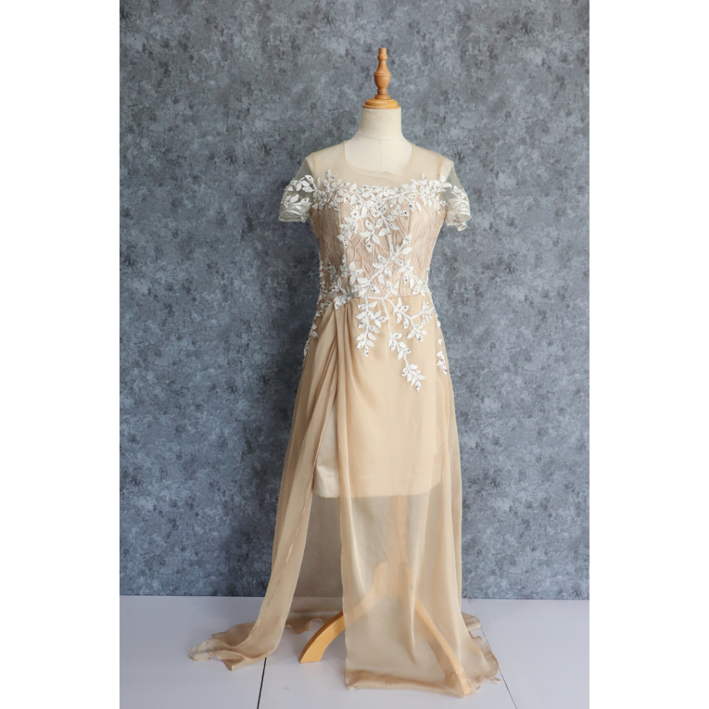 Gold Midi Dress with Wings Sifon Gaun Pesta Preloved Second