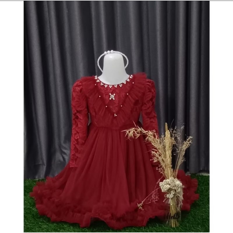 GAUN PESTA BRUKAT KOMBINASI TILE MAROON MEWAH