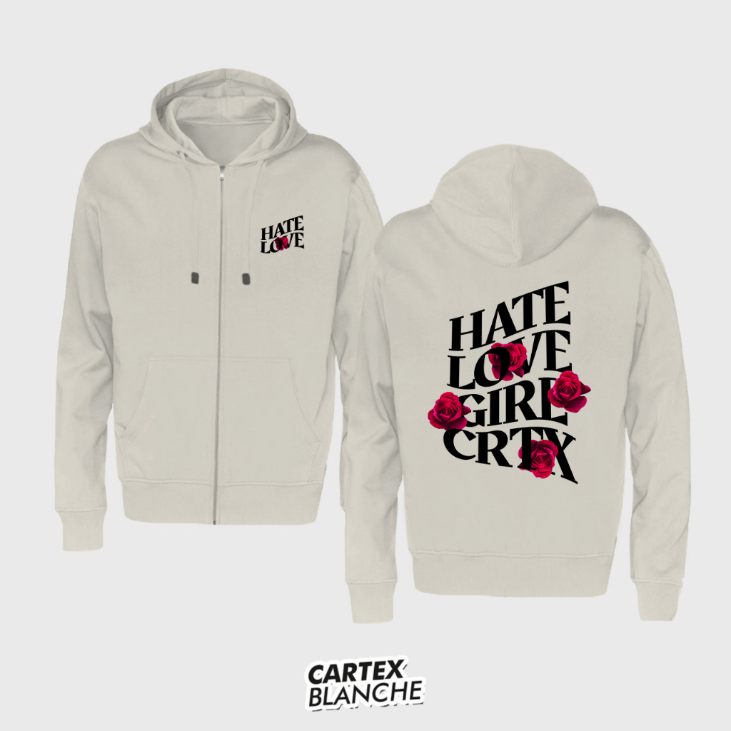 CARTEXBLANCHE Hate Love Jaket Hoodie Zipper Sablon Unisex Wanita - Pria Size M - XXL