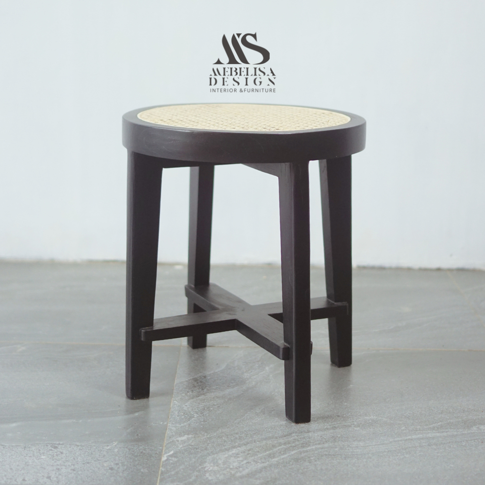 Kursi Bangku Stool Bundar Kayu Jati Kombinasi Anyaman