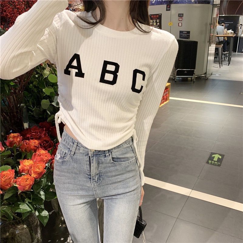 Baju Atasan Crop Top Korea Lengan Panjang Crewneck Serut Crop Top