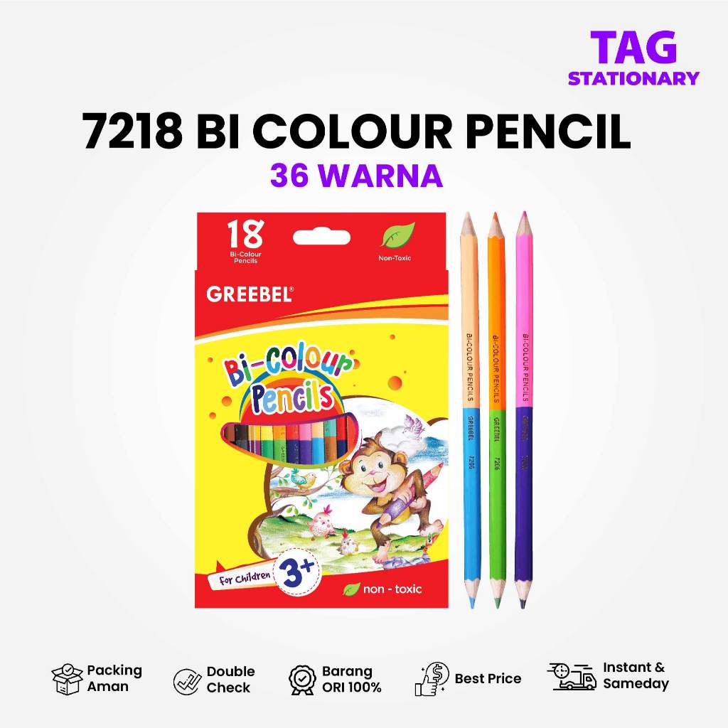 

GREEBEL Pensil Warna / Isi 18 PCS = 36 Warna / 7218 PENCIL BI COLOR / Timur Agung Grosir