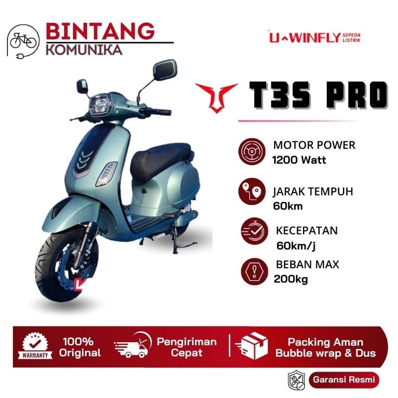 Motor Listrik Uwinfly T3s PRO Vespa Baterai 72v/20Ah 1200W, Garansi Resmi Uwinfly Indonesia