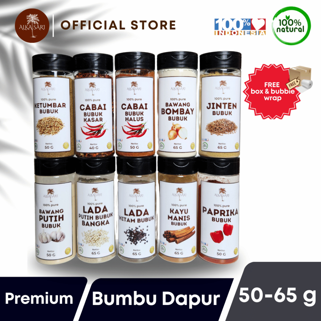 

Aneka Rempah Bumbu Dapur Bubuk Premium Jar Bawang Putih Bawang Bombay Lada Hitam Lada Putih Kayu Manis Jinten Ketumbar Cabai Bubuk Paprika Bubuk